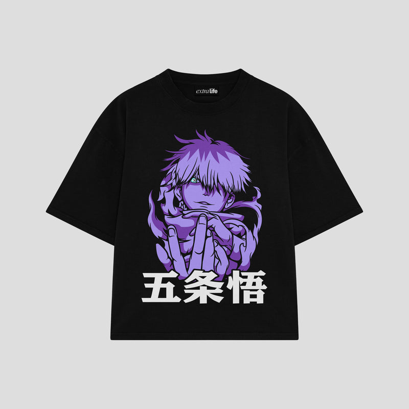Playera streetwear premium de anime y gaming ExtraLife MX, corte boxy oversized drop shoulder heavyweight en color Deep Black y Off-White, moda urbana mexicana de culto.