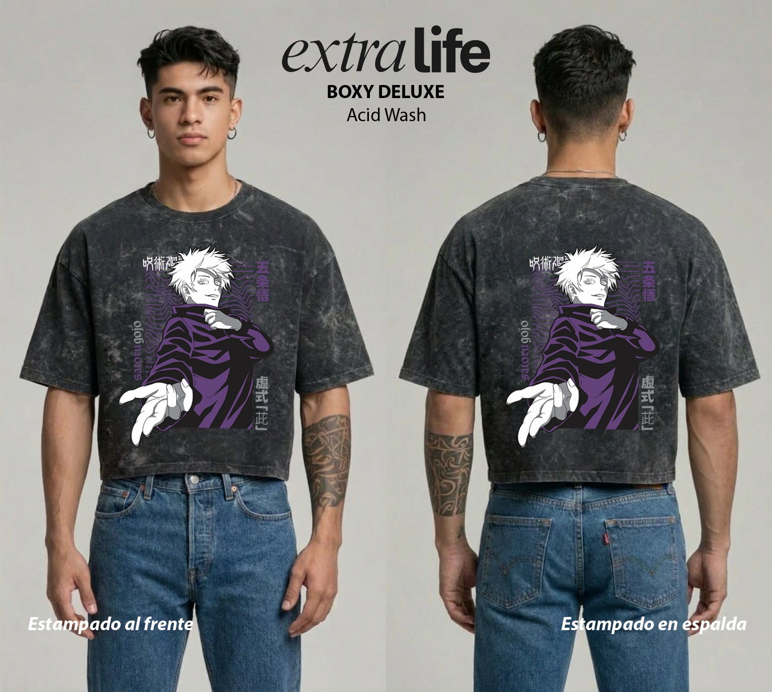 Playera streetwear premium de anime y gaming ExtraLife MX, corte boxy deluxe mineral wash heavyweight en color Acid Wash, moda urbana mexicana de culto.