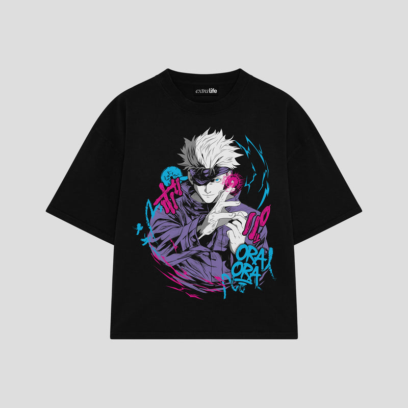 Playera streetwear premium de anime y gaming ExtraLife MX, corte boxy oversized drop shoulder heavyweight en color Deep Black y Off-White, moda urbana mexicana de culto.