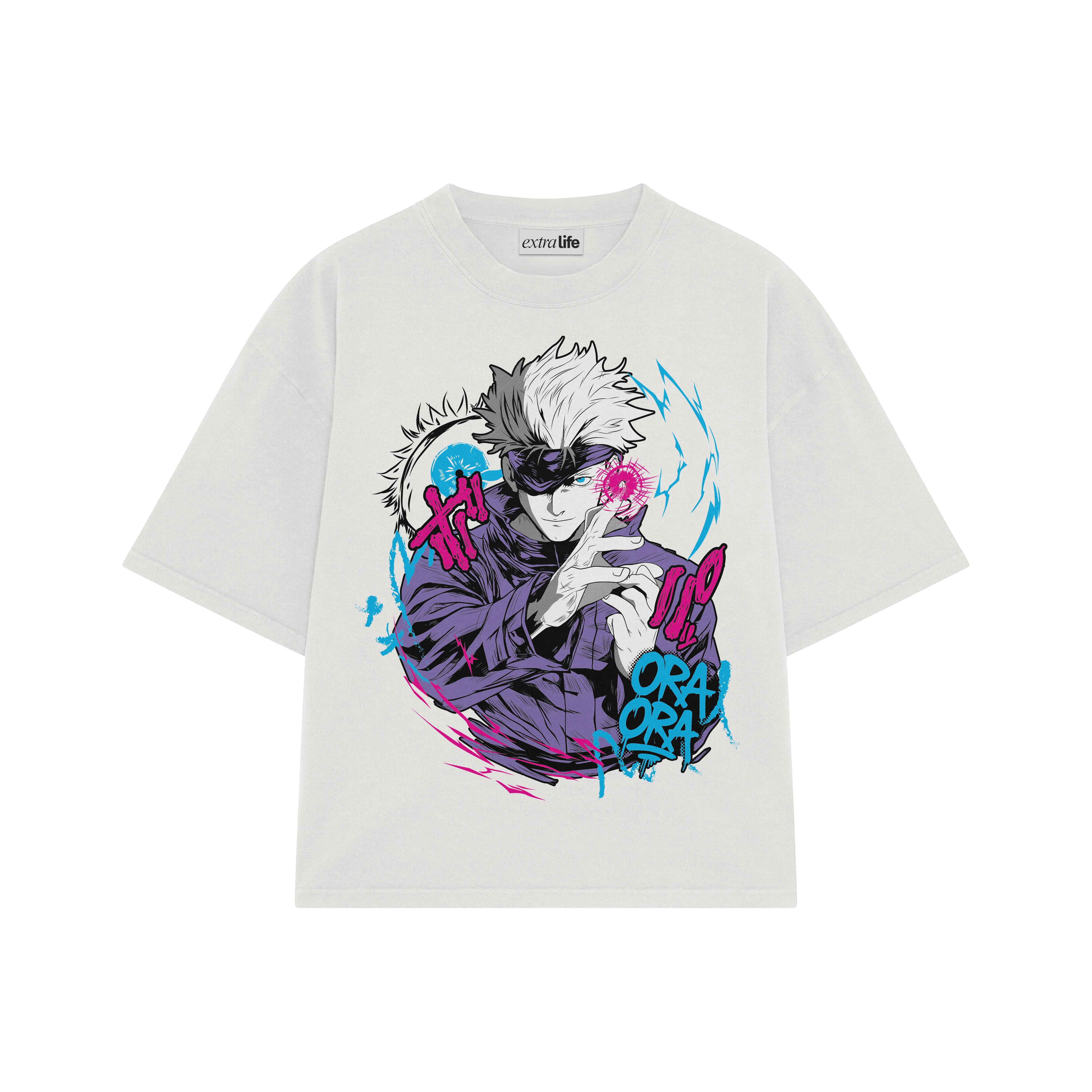Playera streetwear premium de anime y gaming ExtraLife MX, corte boxy oversized drop shoulder heavyweight en color Deep Black y Off-White, moda urbana mexicana de culto.