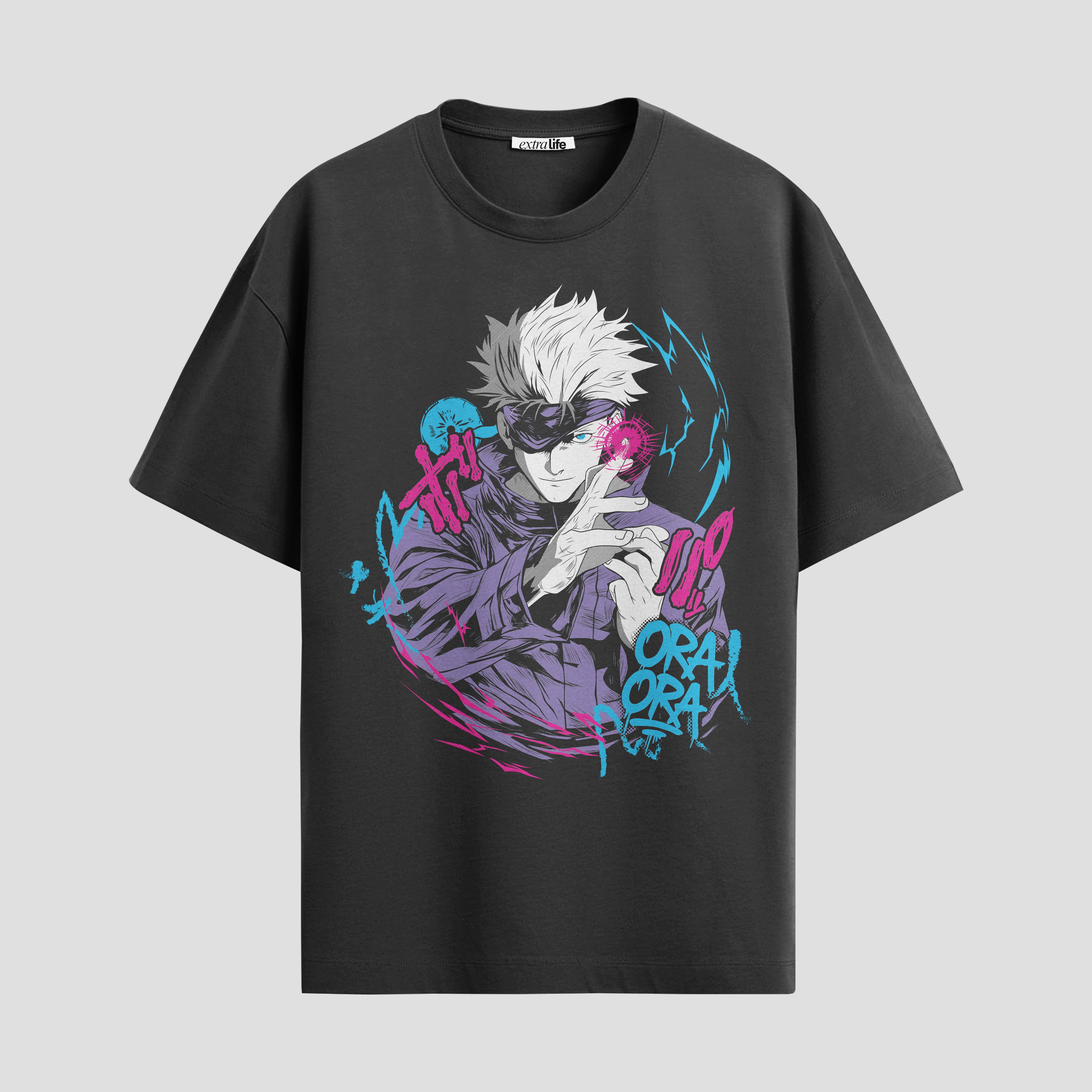 Playera urbana de anime y gaming ExtraLife MX, corte Standard Fit unisex ligero y transpirable en color Deep Black y Pure White, ropa de uso diario para gym y casual.