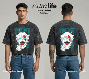 Playera streetwear premium de anime y gaming ExtraLife MX, corte boxy deluxe mineral wash heavyweight en color Acid Wash, moda urbana mexicana de culto.