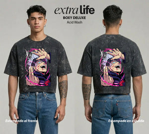 Playera streetwear premium de anime y gaming ExtraLife MX, corte boxy deluxe mineral wash heavyweight en color Acid Wash, moda urbana mexicana de culto.