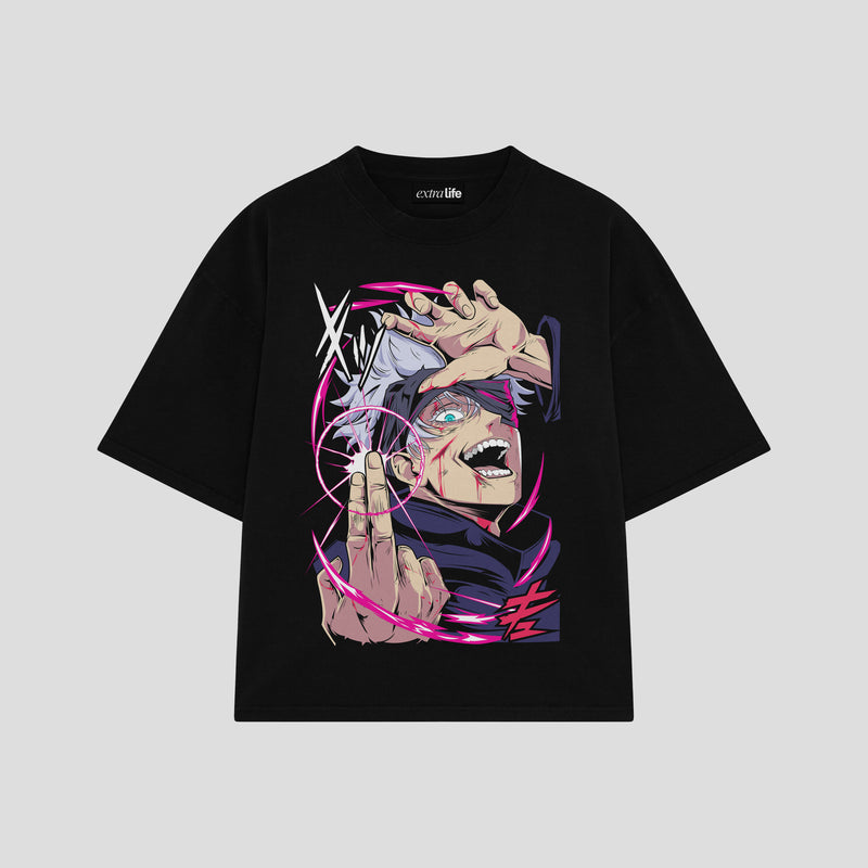 Playera streetwear premium de anime y gaming ExtraLife MX, corte boxy oversized drop shoulder heavyweight en color Deep Black y Off-White, moda urbana mexicana de culto.