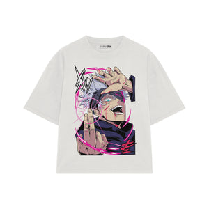 Playera streetwear premium de anime y gaming ExtraLife MX, corte boxy oversized drop shoulder heavyweight en color Deep Black y Off-White, moda urbana mexicana de culto.