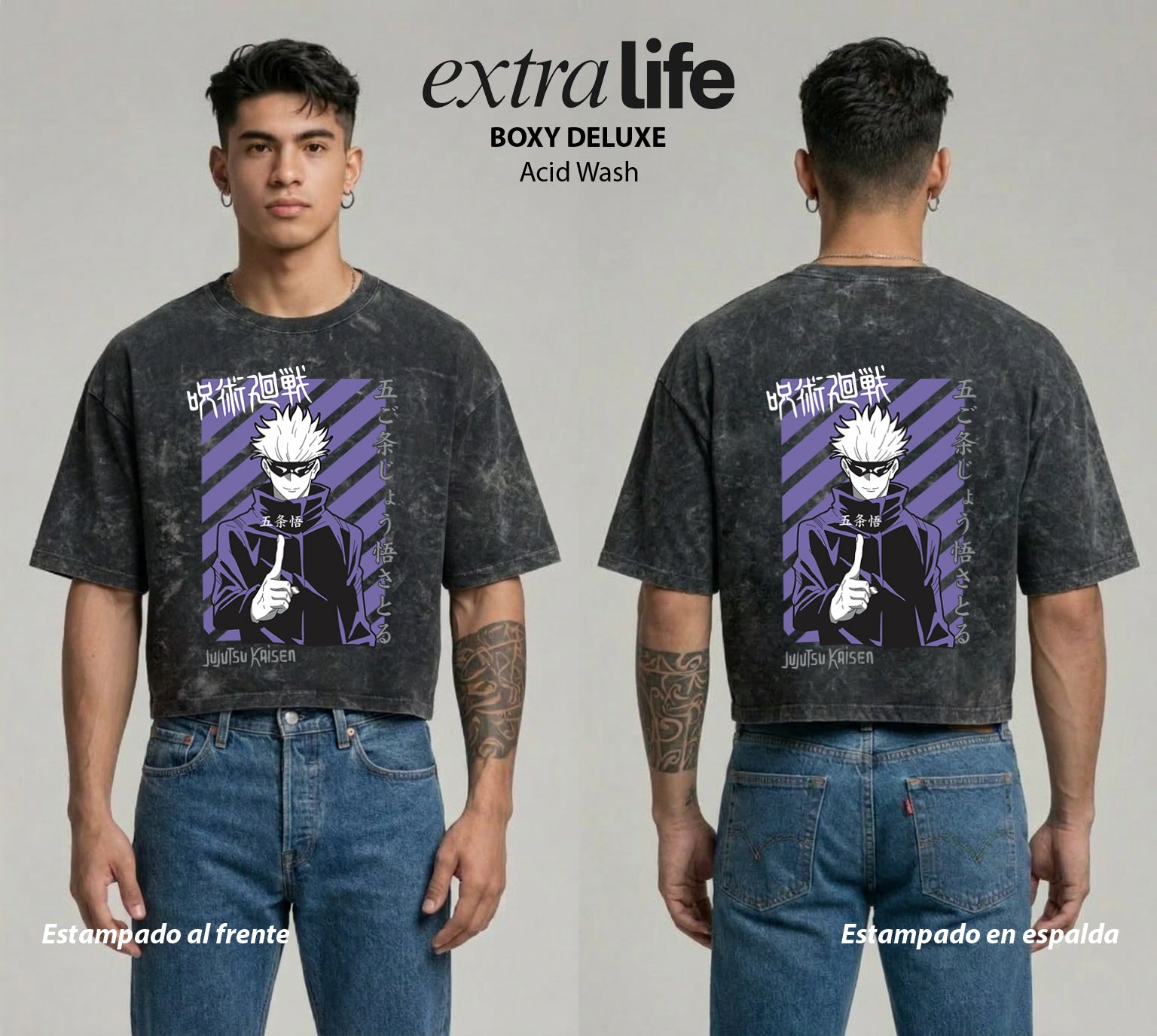 Playera streetwear premium de anime y gaming ExtraLife MX, corte boxy deluxe mineral wash heavyweight en color Acid Wash, moda urbana mexicana de culto.