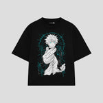 Playera streetwear premium de anime y gaming ExtraLife MX, corte boxy oversized drop shoulder heavyweight en color Deep Black y Off-White, moda urbana mexicana de culto.