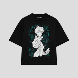 Playera streetwear premium de anime y gaming ExtraLife MX, corte boxy oversized drop shoulder heavyweight en color Deep Black y Off-White, moda urbana mexicana de culto.