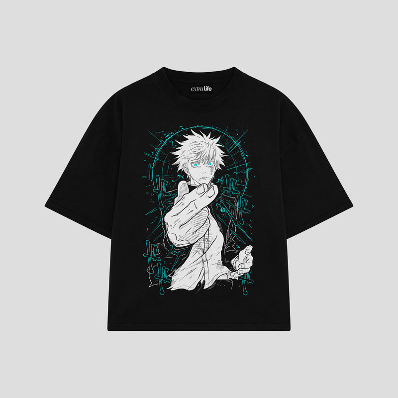Playera streetwear premium de anime y gaming ExtraLife MX, corte boxy oversized drop shoulder heavyweight en color Deep Black y Off-White, moda urbana mexicana de culto.