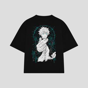 Playera streetwear premium de anime y gaming ExtraLife MX, corte boxy oversized drop shoulder heavyweight en color Deep Black y Off-White, moda urbana mexicana de culto.