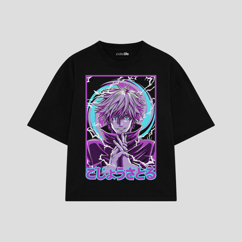 Playera streetwear premium de anime y gaming ExtraLife MX, corte boxy oversized drop shoulder heavyweight en color Deep Black y Off-White, moda urbana mexicana de culto.