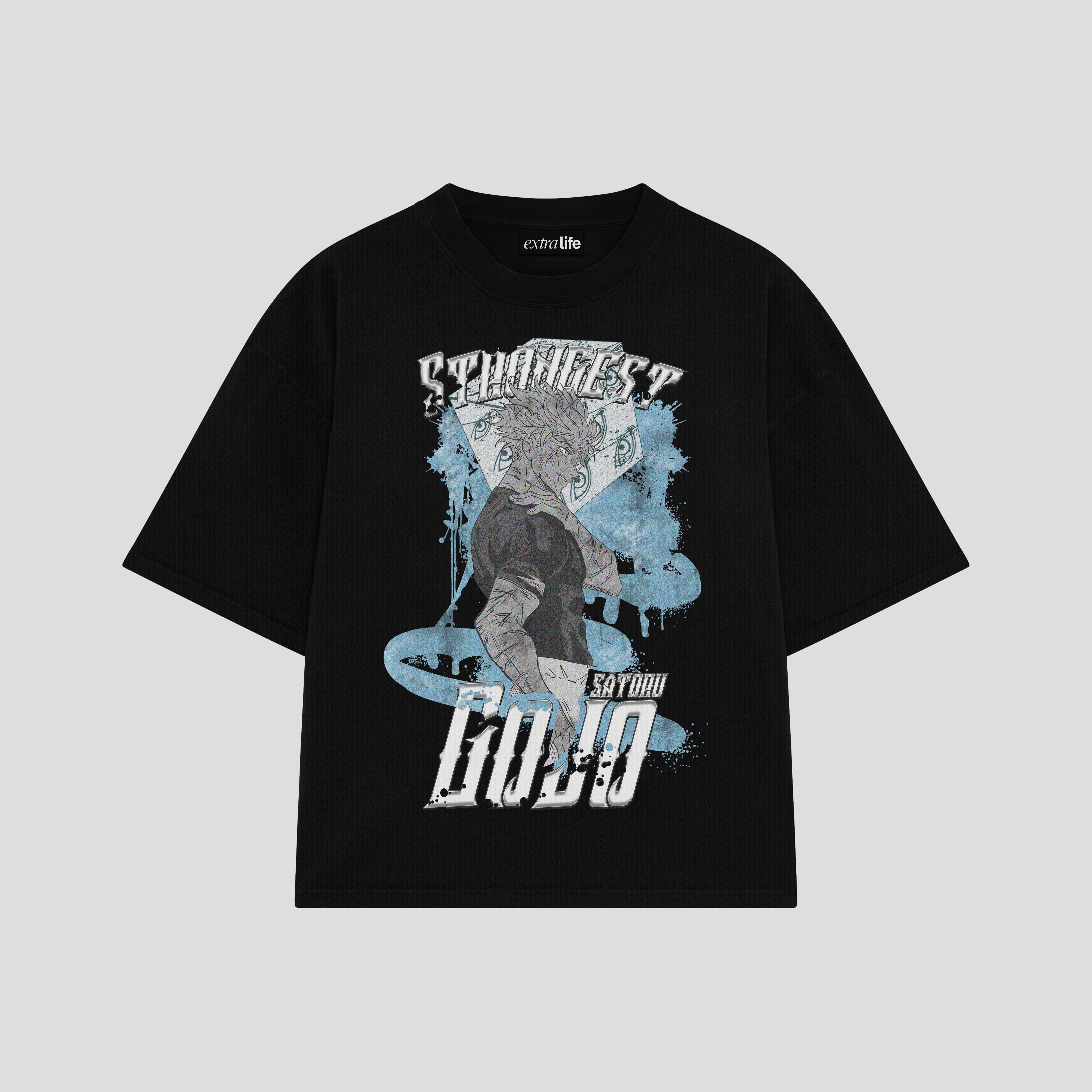 Playera streetwear premium de anime y gaming ExtraLife MX, corte boxy oversized drop shoulder heavyweight en color Deep Black y Off-White, moda urbana mexicana de culto.