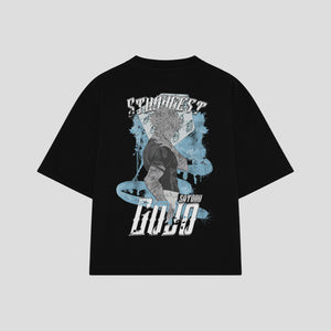 Playera streetwear premium de anime y gaming ExtraLife MX, corte boxy oversized drop shoulder heavyweight en color Deep Black y Off-White, moda urbana mexicana de culto.