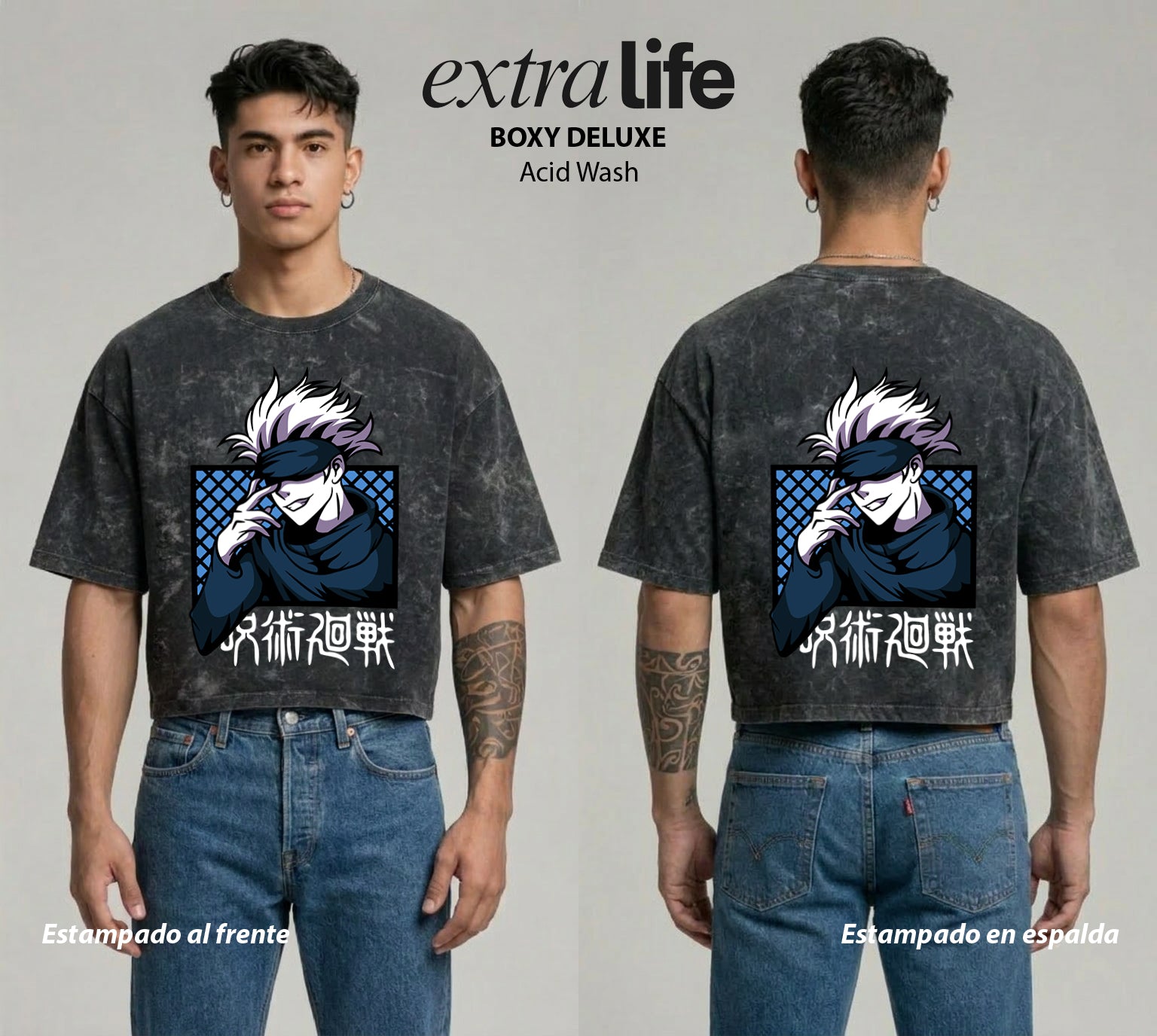 Playera streetwear premium de anime y gaming ExtraLife MX, corte boxy deluxe mineral wash heavyweight en color Acid Wash, moda urbana mexicana de culto.