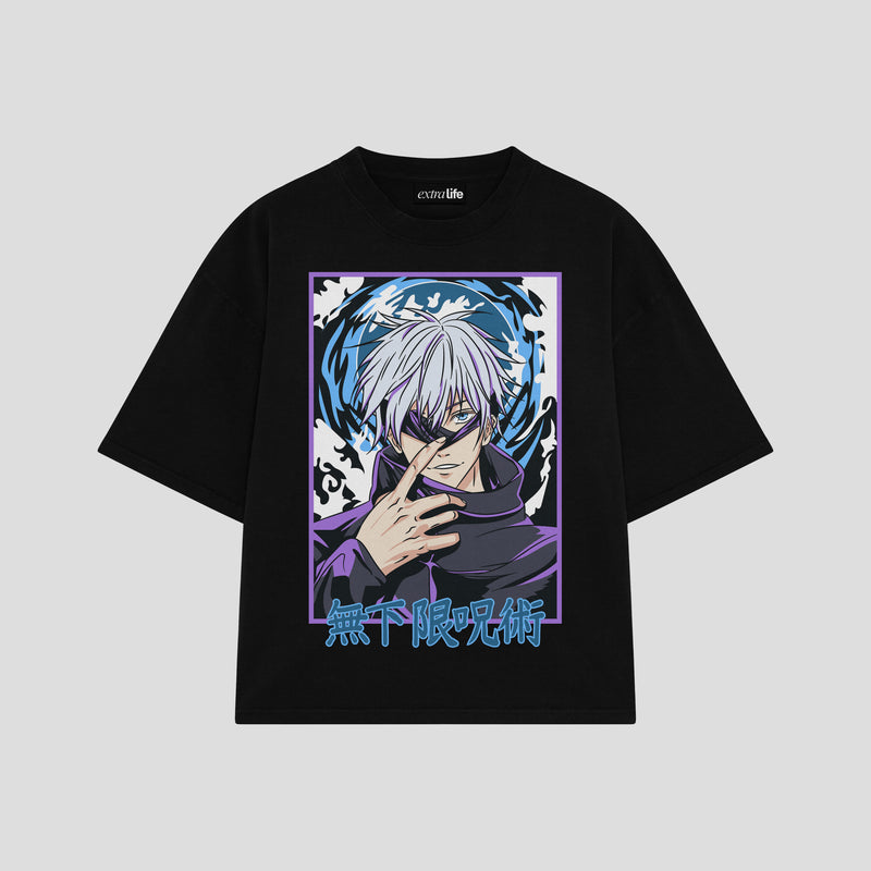 Playera streetwear premium de anime y gaming ExtraLife MX, corte boxy oversized drop shoulder heavyweight en color Deep Black y Off-White, moda urbana mexicana de culto.