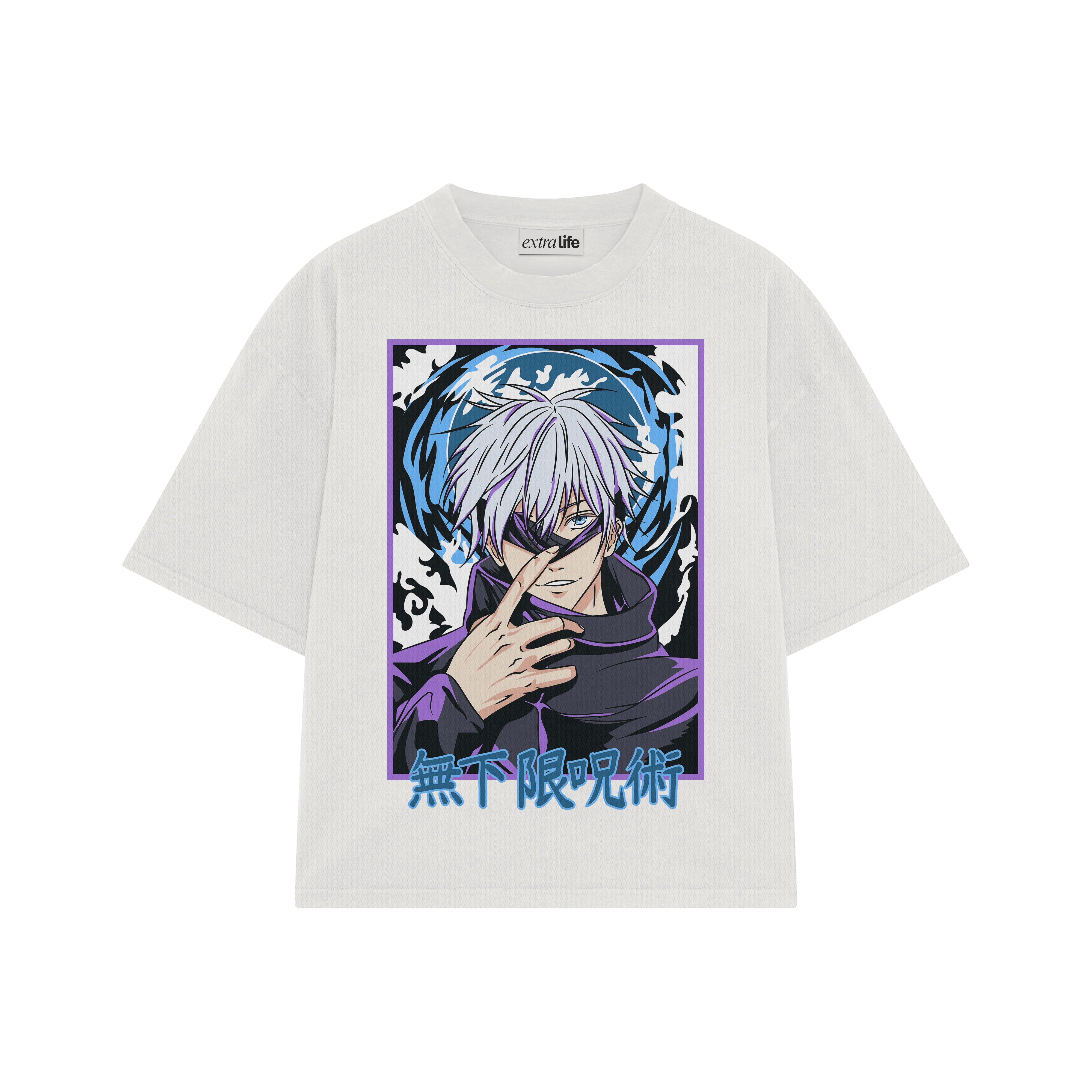 Playera streetwear premium de anime y gaming ExtraLife MX, corte boxy oversized drop shoulder heavyweight en color Deep Black y Off-White, moda urbana mexicana de culto.