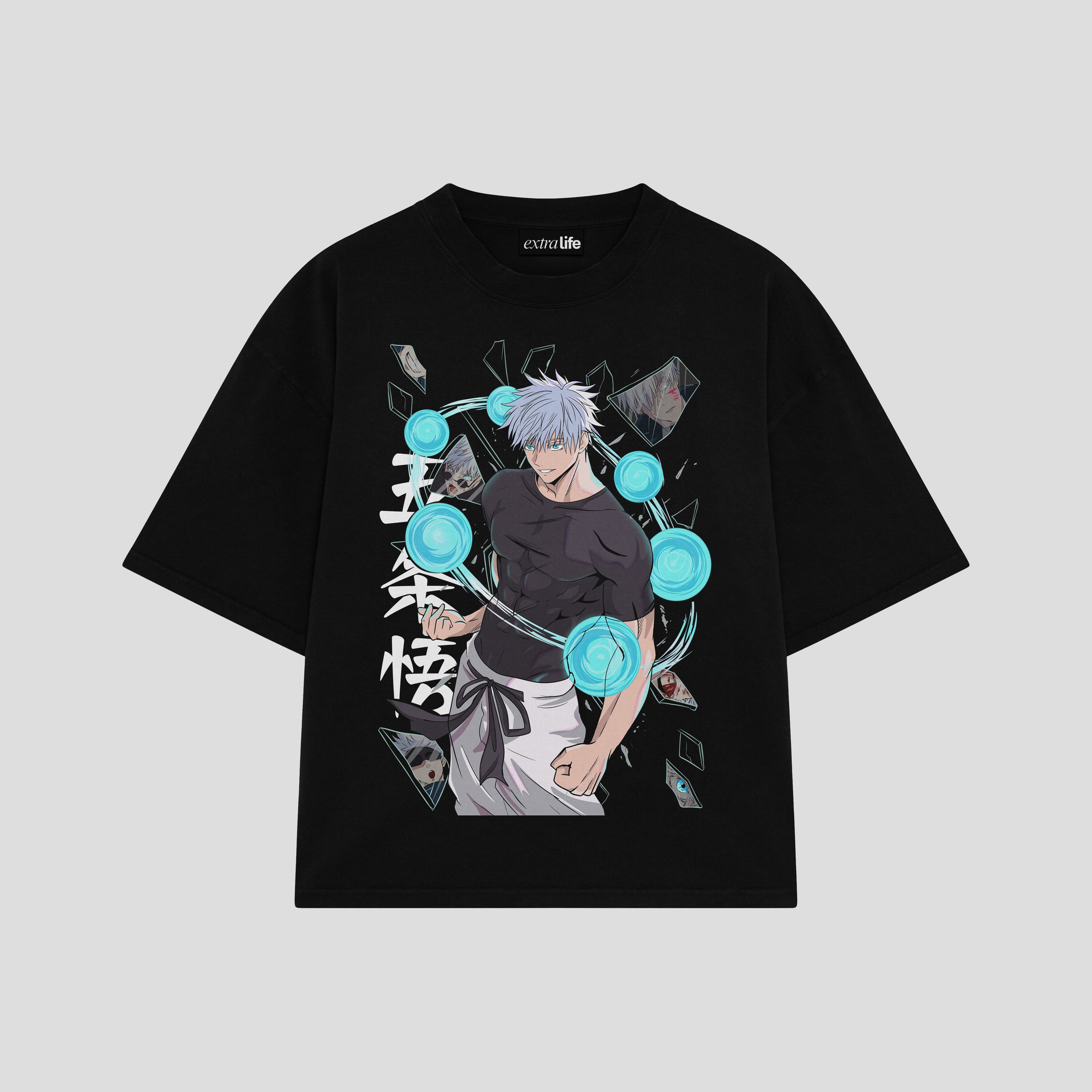 Playera streetwear premium de anime y gaming ExtraLife MX, corte boxy oversized drop shoulder heavyweight en color Deep Black y Off-White, moda urbana mexicana de culto.