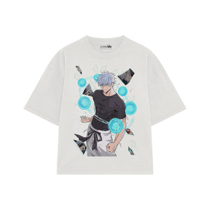 Playera streetwear premium de anime y gaming ExtraLife MX, corte boxy oversized drop shoulder heavyweight en color Deep Black y Off-White, moda urbana mexicana de culto.