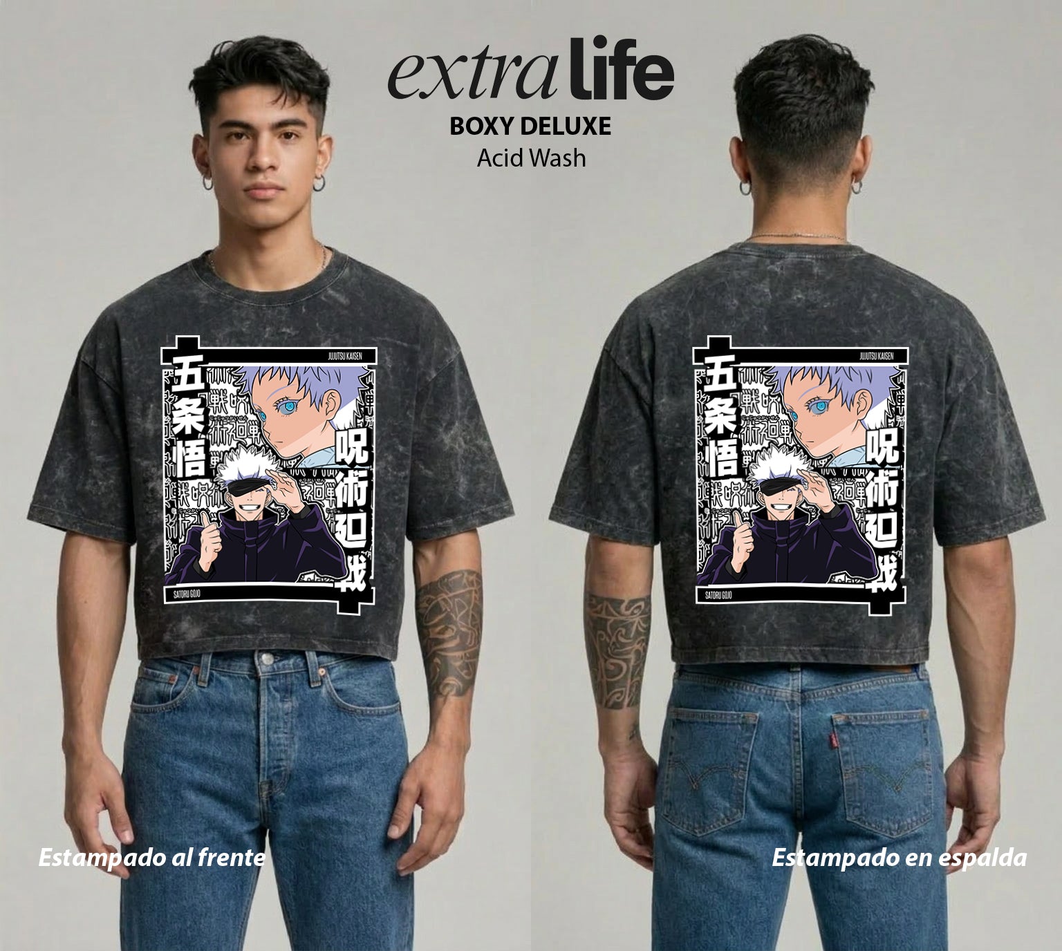 Playera streetwear premium de anime y gaming ExtraLife MX, corte boxy deluxe mineral wash heavyweight en color Acid Wash, moda urbana mexicana de culto.