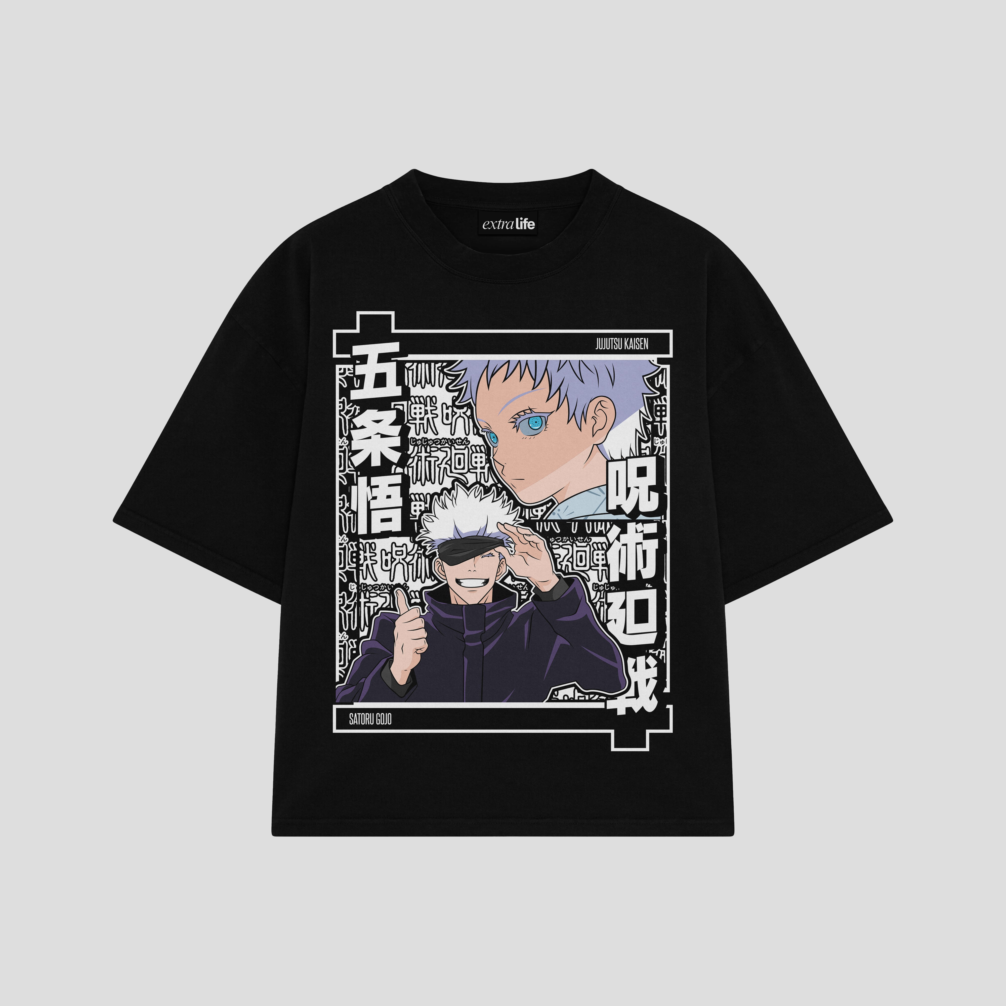 Playera streetwear premium de anime y gaming ExtraLife MX, corte boxy oversized drop shoulder heavyweight en color Deep Black y Off-White, moda urbana mexicana de culto.