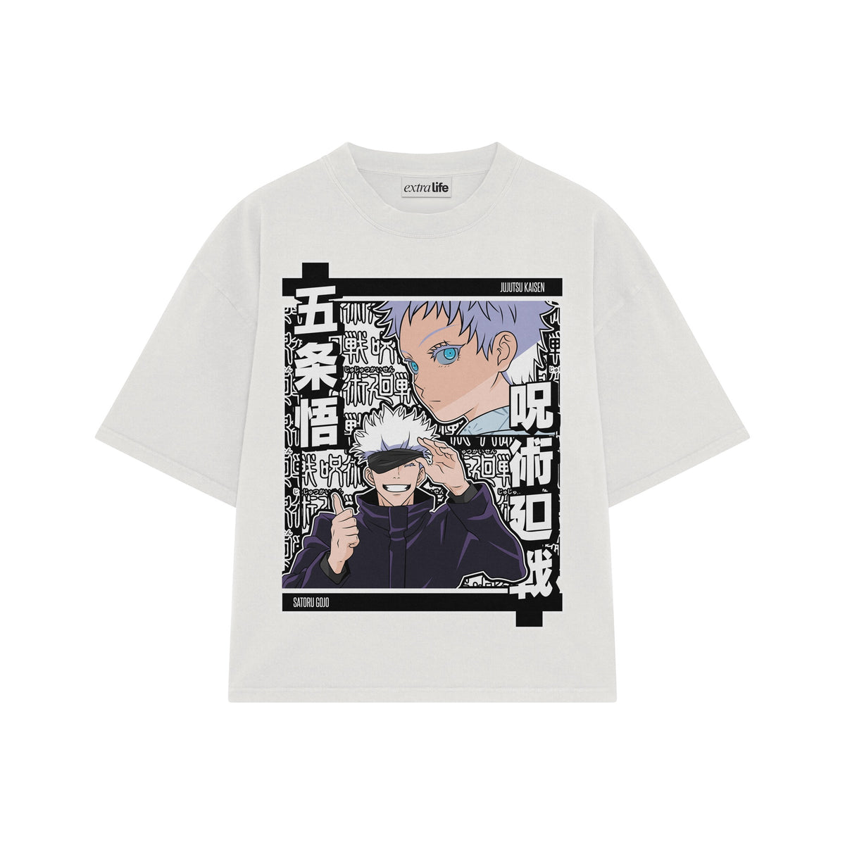 Playera streetwear premium de anime y gaming ExtraLife MX, corte oversized drop shoulder ligero y fresco en color Deep Black y Off-White, moda urbana mexicana de culto.