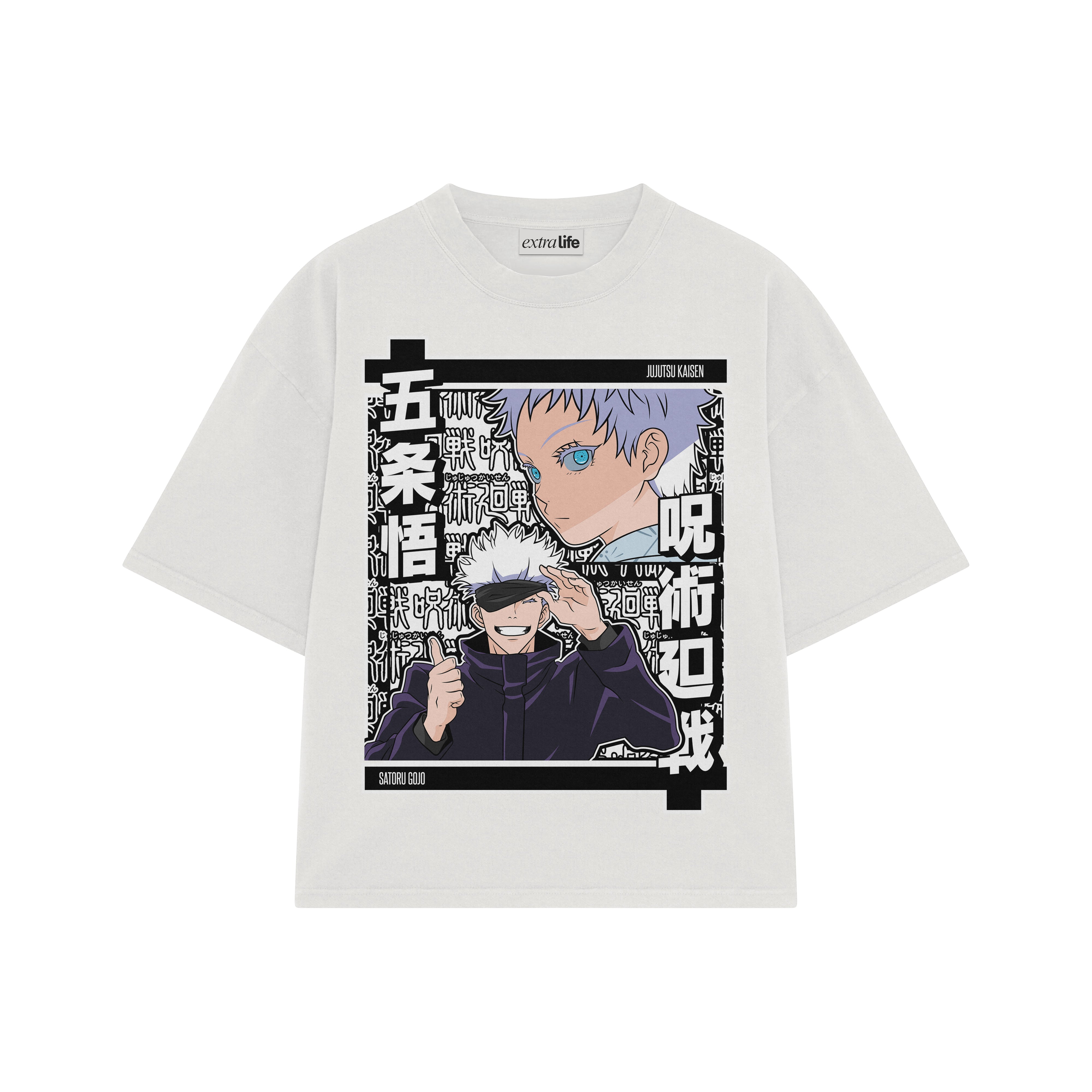 Playera streetwear premium de anime y gaming ExtraLife MX, corte boxy oversized drop shoulder heavyweight en color Deep Black y Off-White, moda urbana mexicana de culto.