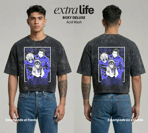 Playera streetwear premium de anime y gaming ExtraLife MX, corte boxy deluxe mineral wash heavyweight en color Acid Wash, moda urbana mexicana de culto.