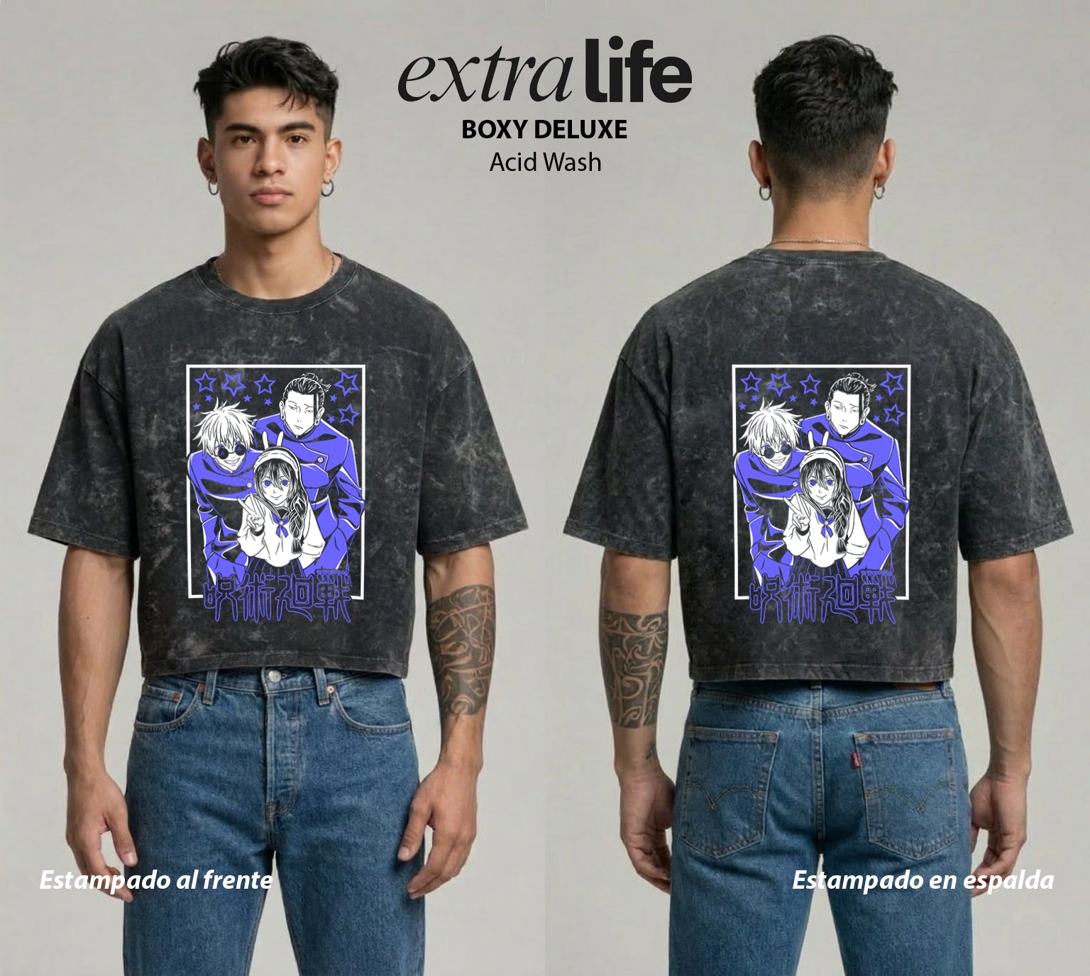 Playera streetwear premium de anime y gaming ExtraLife MX, corte boxy deluxe mineral wash heavyweight en color Acid Wash, moda urbana mexicana de culto.