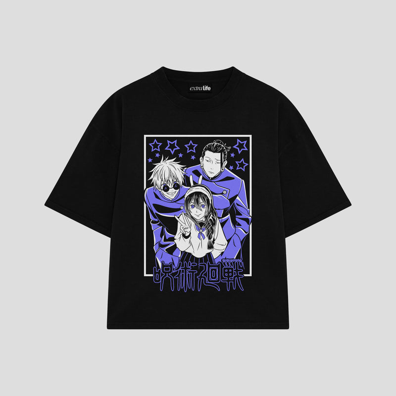 Playera streetwear premium de anime y gaming ExtraLife MX, corte boxy oversized drop shoulder heavyweight en color Deep Black y Off-White, moda urbana mexicana de culto.