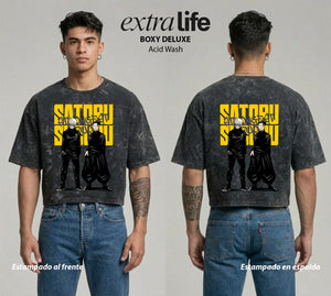 Playera streetwear premium de anime y gaming ExtraLife MX, corte boxy deluxe mineral wash heavyweight en color Acid Wash, moda urbana mexicana de culto.
