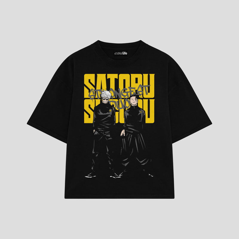 Playera streetwear premium de anime y gaming ExtraLife MX, corte boxy oversized drop shoulder heavyweight en color Deep Black y Off-White, moda urbana mexicana de culto.