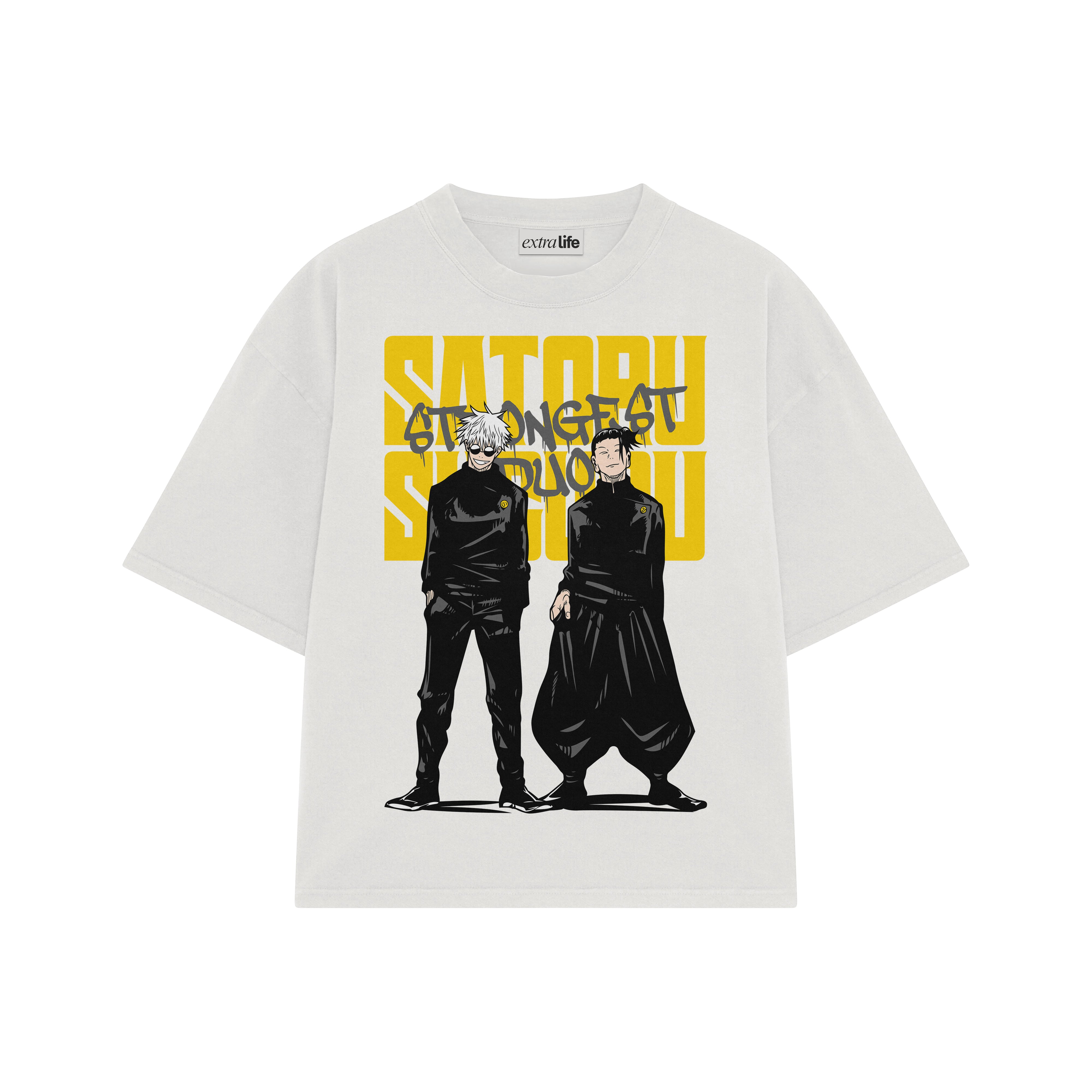 Playera streetwear premium de anime y gaming ExtraLife MX, corte boxy oversized drop shoulder heavyweight en color Deep Black y Off-White, moda urbana mexicana de culto.