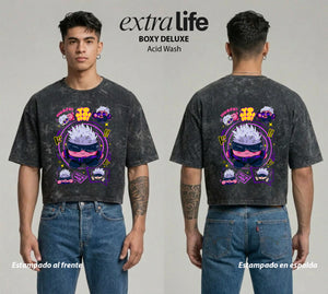 Playera streetwear premium de anime y gaming ExtraLife MX, corte boxy deluxe mineral wash heavyweight en color Acid Wash, moda urbana mexicana de culto.