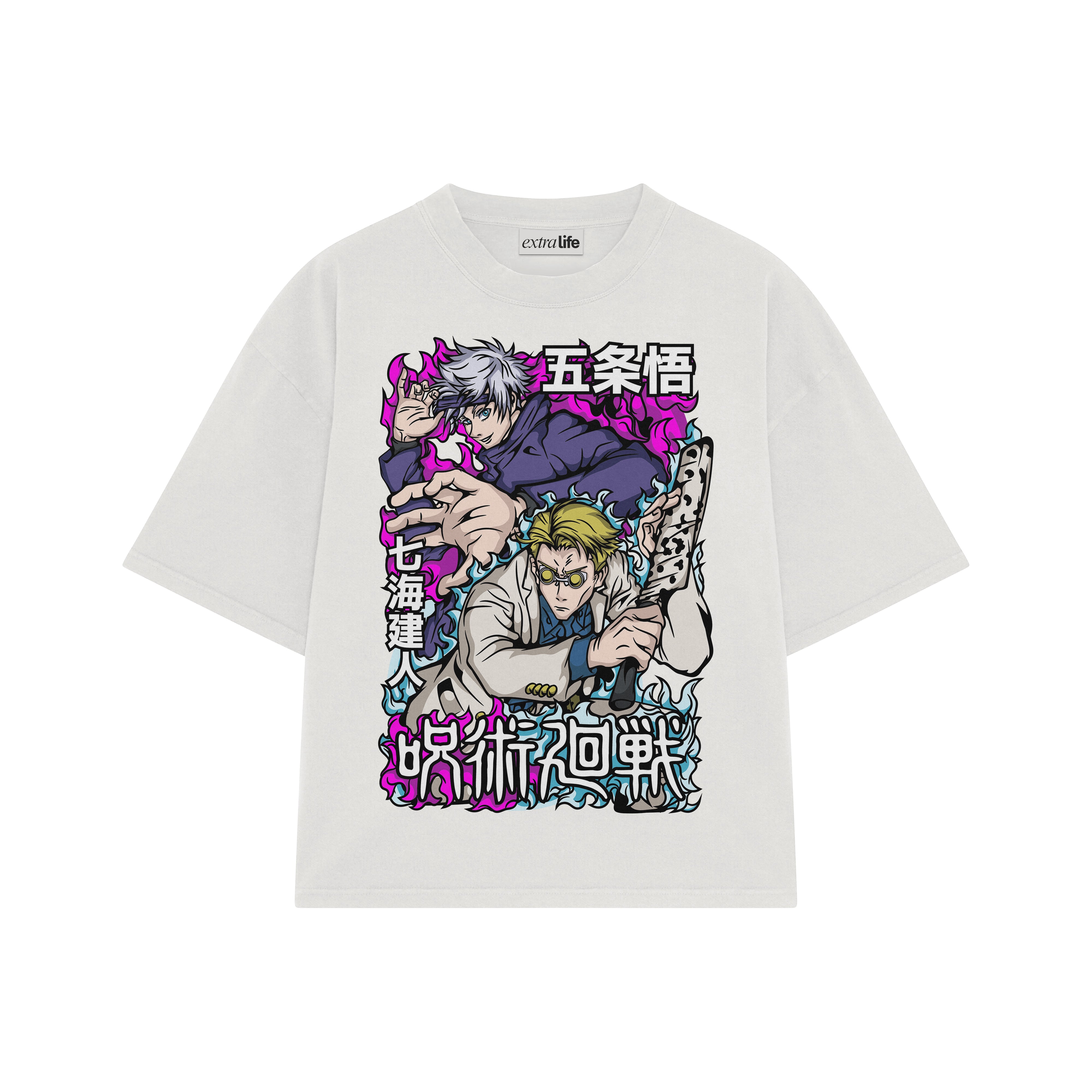 Playera streetwear premium de anime y gaming ExtraLife MX, corte boxy oversized drop shoulder heavyweight en color Deep Black y Off-White, moda urbana mexicana de culto.