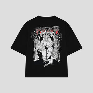 Playera streetwear premium de anime y gaming ExtraLife MX, corte boxy oversized drop shoulder heavyweight en color Deep Black y Off-White, moda urbana mexicana de culto.