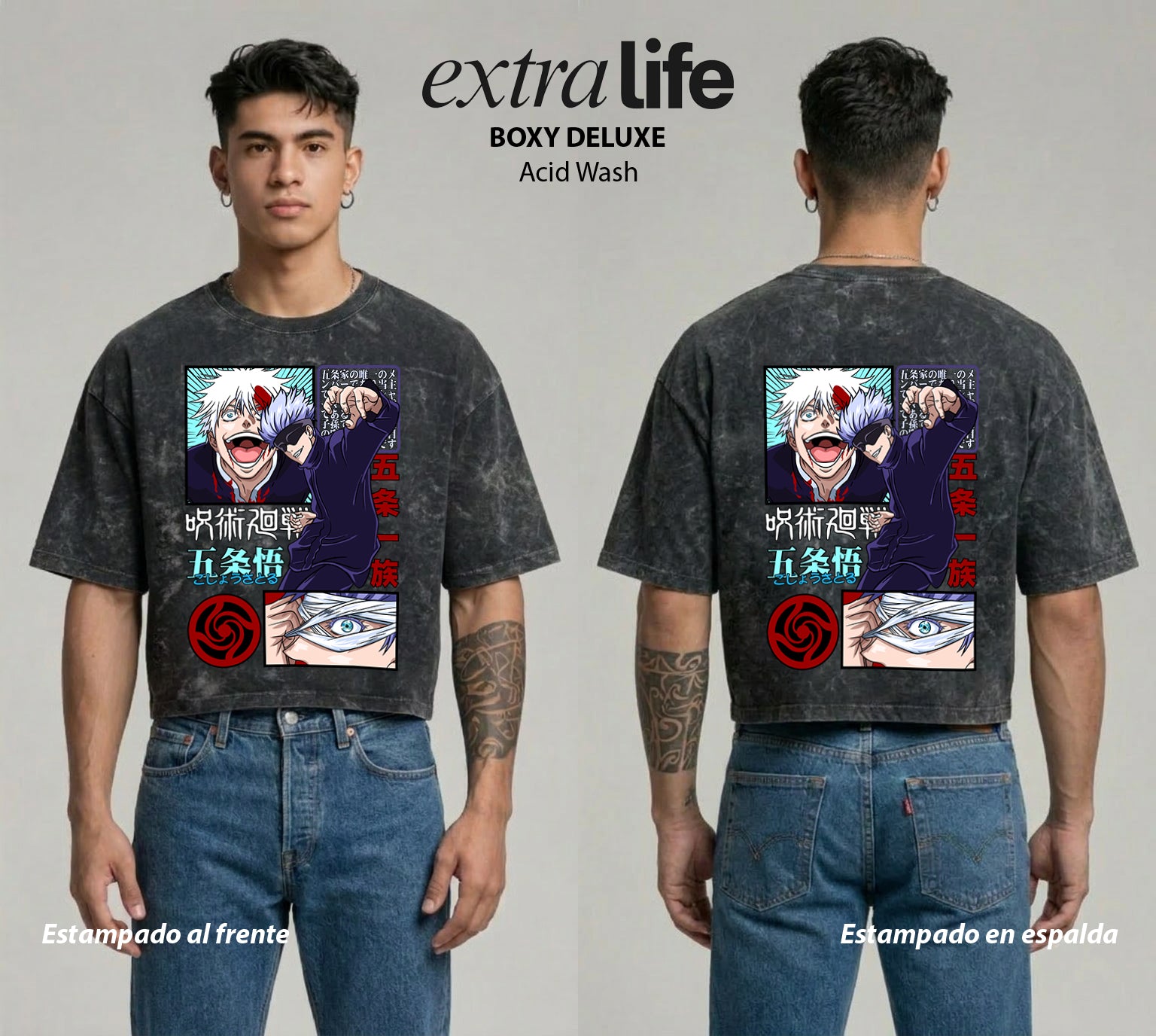 Playera streetwear premium de anime y gaming ExtraLife MX, corte boxy deluxe mineral wash heavyweight en color Acid Wash, moda urbana mexicana de culto.