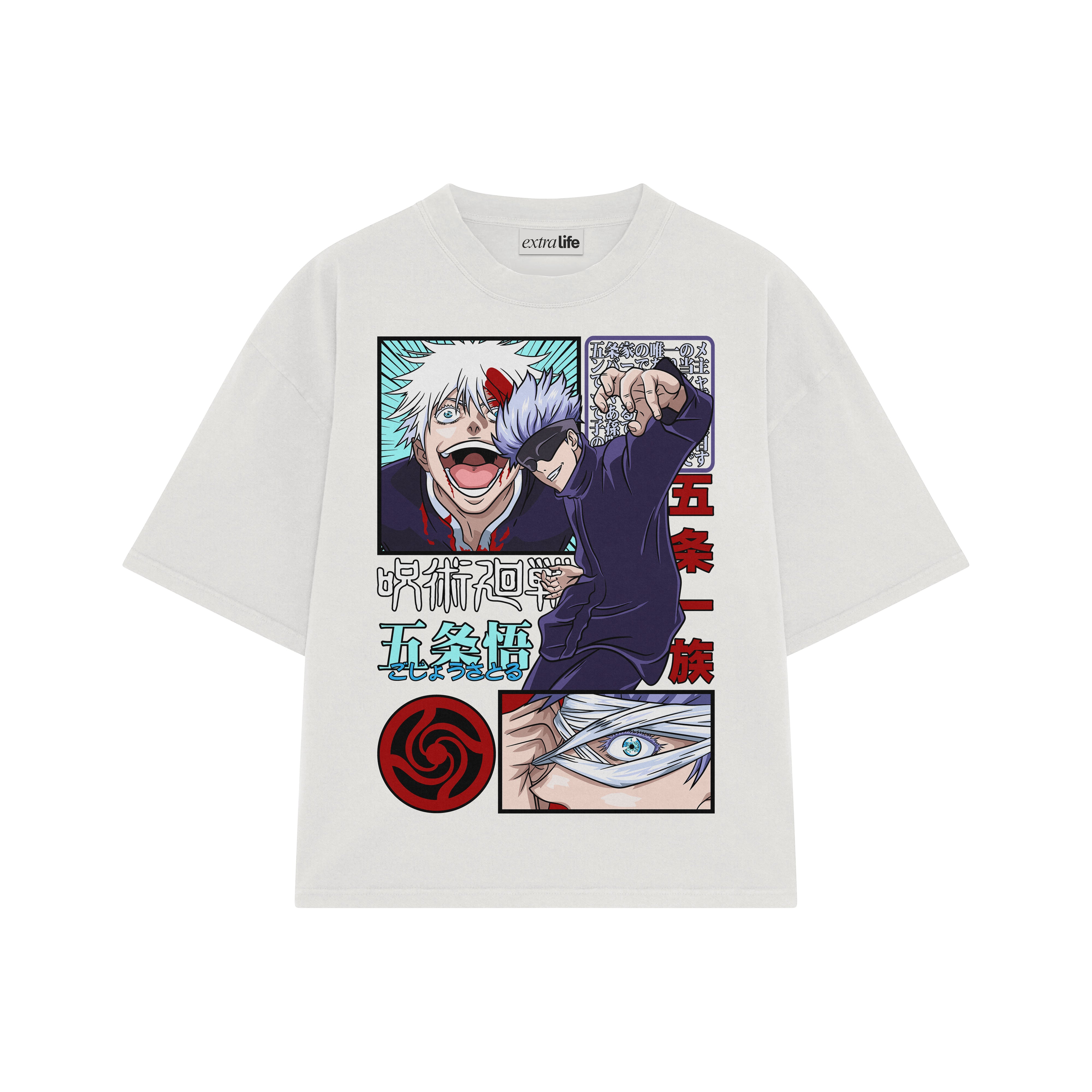 Playera streetwear premium de anime y gaming ExtraLife MX, corte boxy oversized drop shoulder heavyweight en color Deep Black y Off-White, moda urbana mexicana de culto.