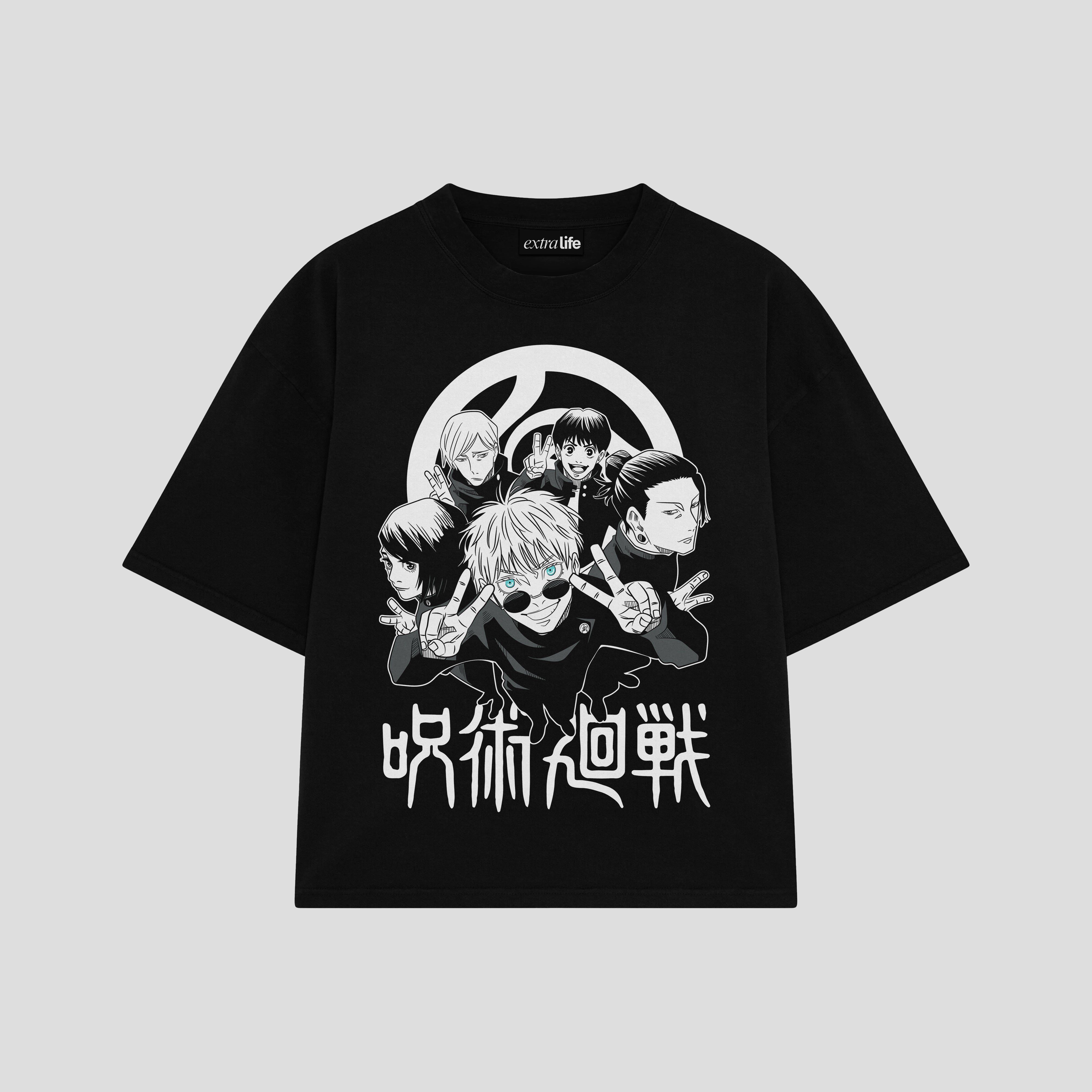 Playera streetwear premium de anime y gaming ExtraLife MX, corte boxy oversized drop shoulder heavyweight en color Deep Black y Off-White, moda urbana mexicana de culto.