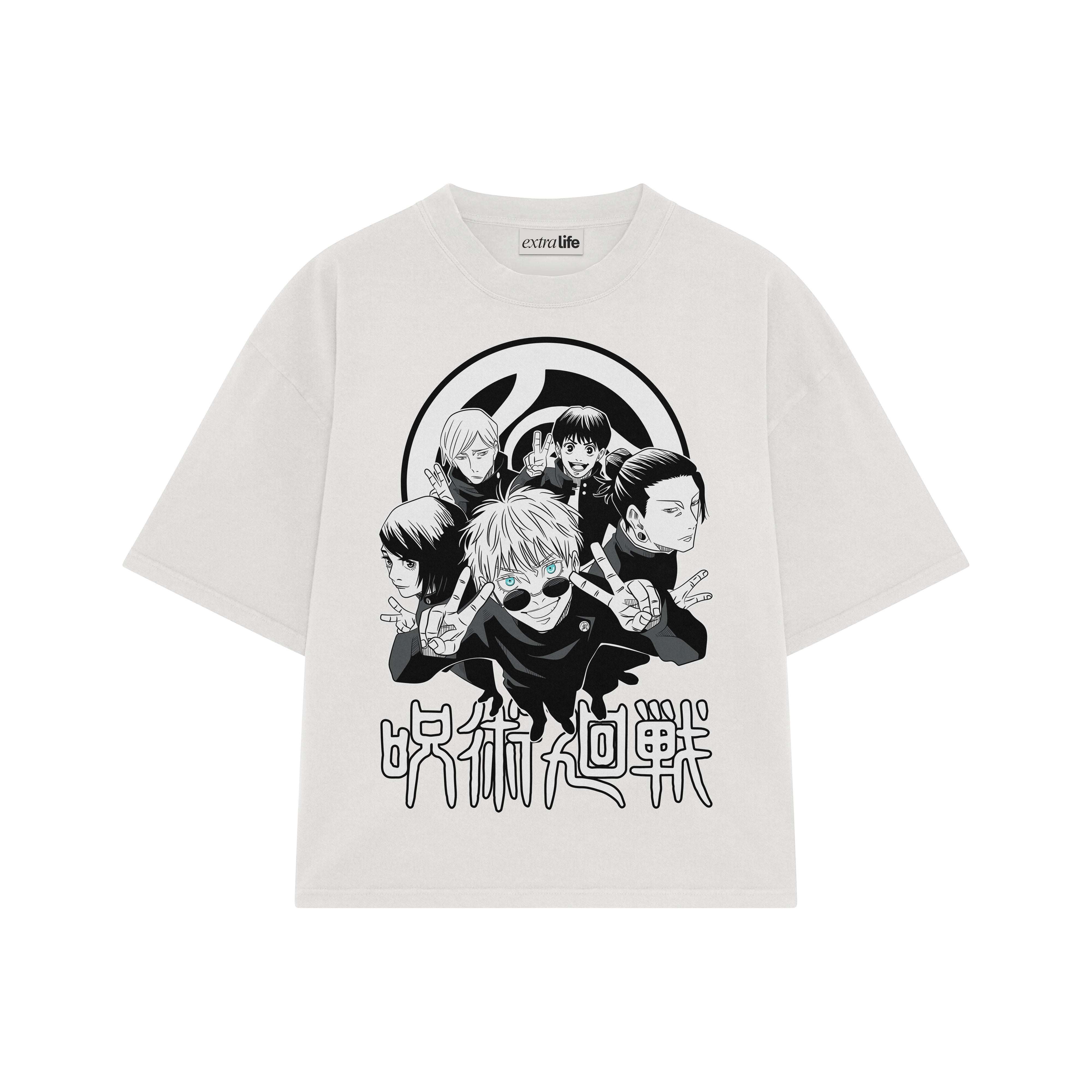 Playera streetwear premium de anime y gaming ExtraLife MX, corte boxy oversized drop shoulder heavyweight en color Deep Black y Off-White, moda urbana mexicana de culto.
