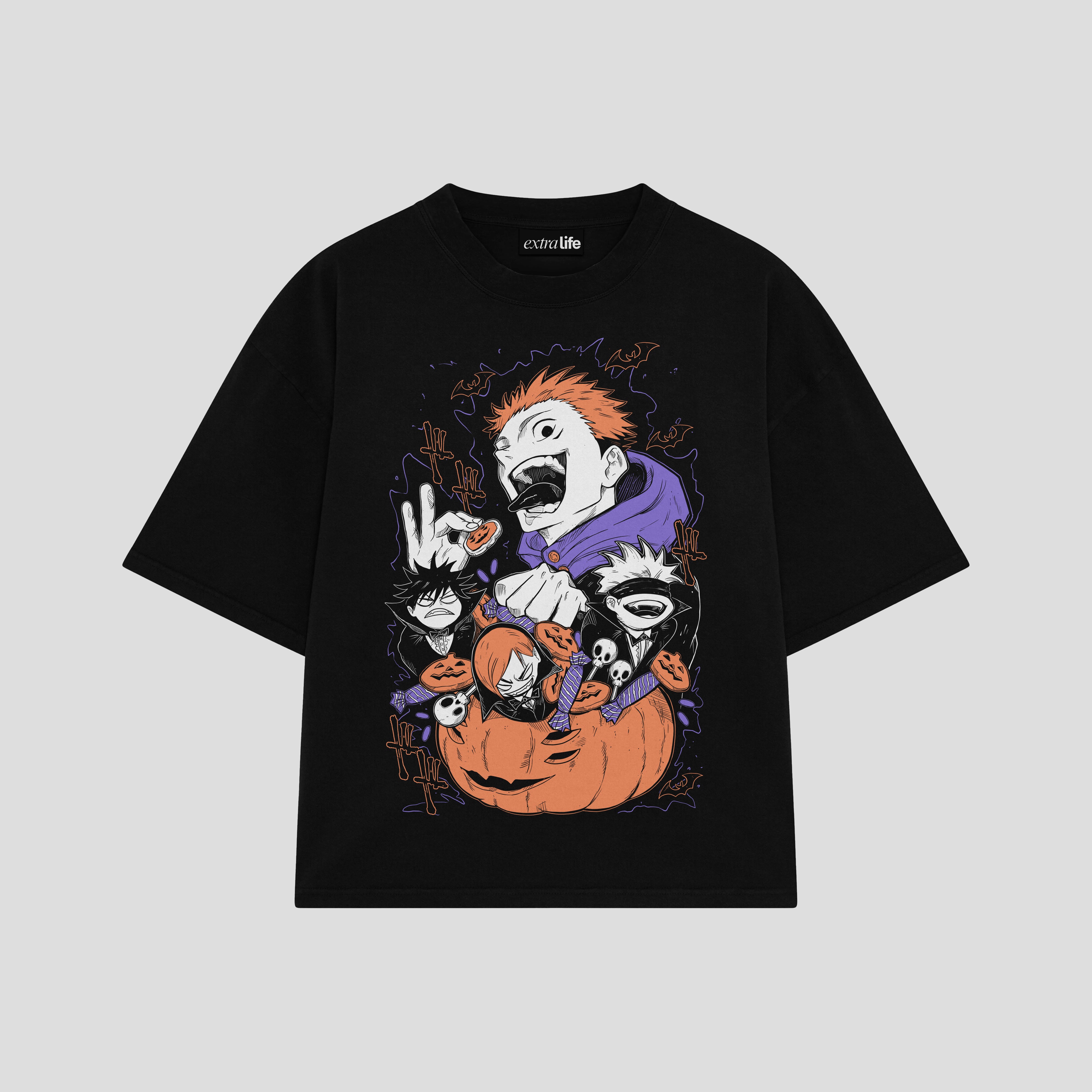 Playera streetwear premium de anime y gaming ExtraLife MX, corte boxy oversized drop shoulder heavyweight en color Deep Black y Off-White, moda urbana mexicana de culto.