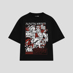 Playera streetwear premium de anime y gaming ExtraLife MX, corte boxy oversized drop shoulder heavyweight en color Deep Black y Off-White, moda urbana mexicana de culto.