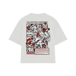 Playera streetwear premium de anime y gaming ExtraLife MX, corte boxy oversized drop shoulder heavyweight en color Deep Black y Off-White, moda urbana mexicana de culto.