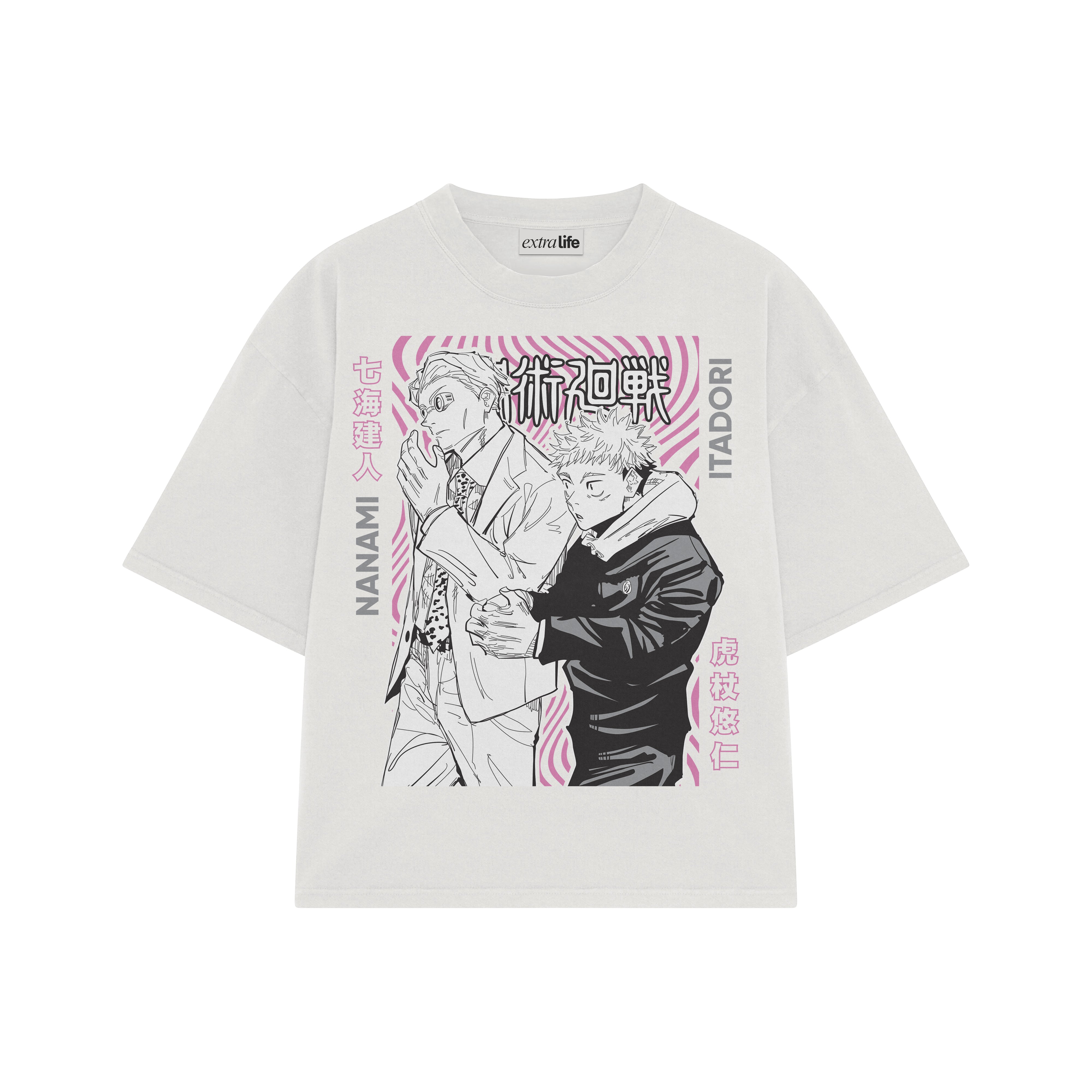 Playera streetwear premium de anime y gaming ExtraLife MX, corte boxy oversized drop shoulder heavyweight en color Deep Black y Off-White, moda urbana mexicana de culto.