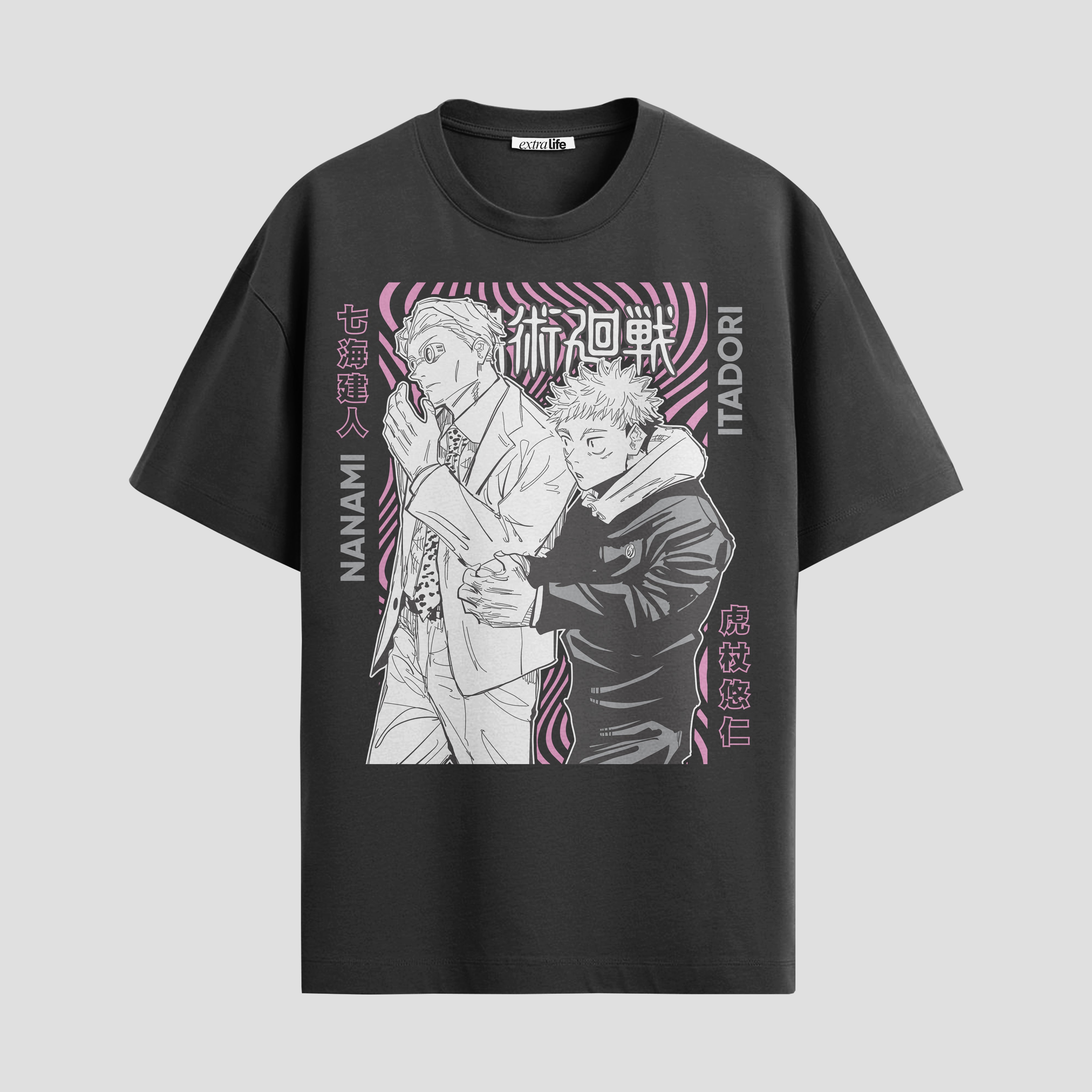 Playera urbana de anime y gaming ExtraLife MX, corte Standard Fit unisex ligero y transpirable en color Deep Black y Pure White, ropa de uso diario para gym y casual.