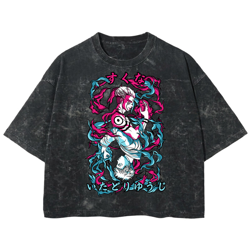 Playera streetwear premium de anime y gaming ExtraLife MX, corte boxy deluxe mineral wash heavyweight en color Acid Wash, moda urbana mexicana de culto.
