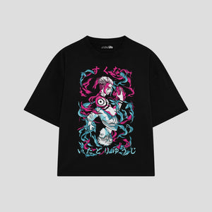 Playera streetwear premium de anime y gaming ExtraLife MX, corte boxy oversized drop shoulder heavyweight en color Deep Black y Off-White, moda urbana mexicana de culto.