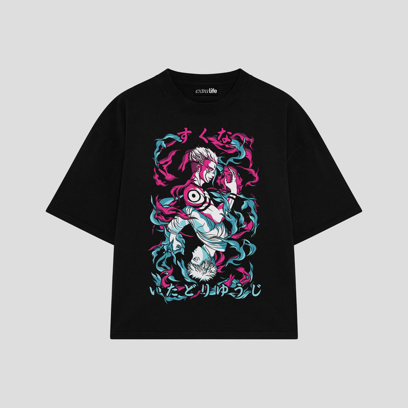 Playera streetwear premium de anime y gaming ExtraLife MX, corte boxy oversized drop shoulder heavyweight en color Deep Black y Off-White, moda urbana mexicana de culto.