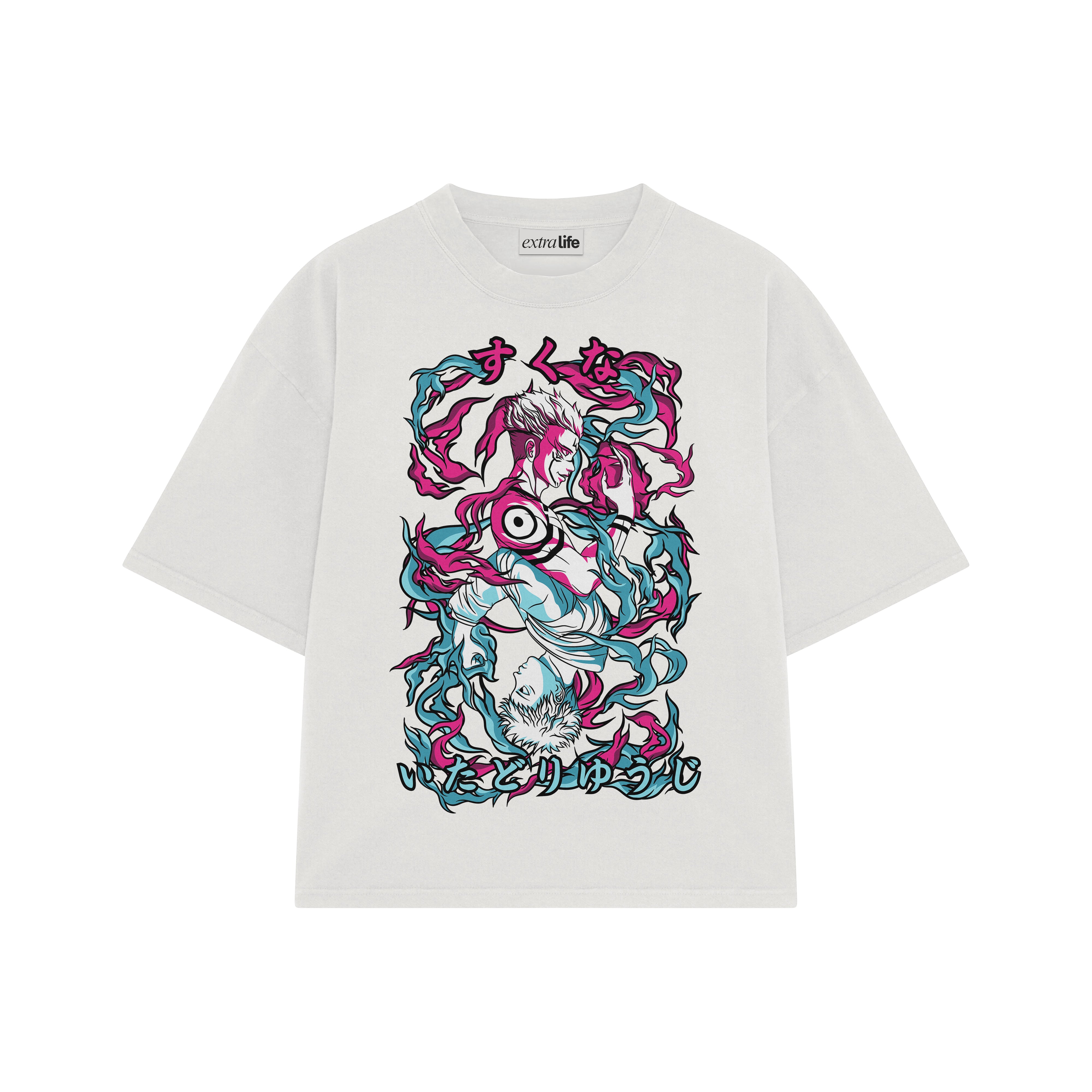Playera streetwear premium de anime y gaming ExtraLife MX, corte boxy oversized drop shoulder heavyweight en color Deep Black y Off-White, moda urbana mexicana de culto.