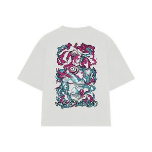 Playera streetwear premium de anime y gaming ExtraLife MX, corte boxy oversized drop shoulder heavyweight en color Deep Black y Off-White, moda urbana mexicana de culto.