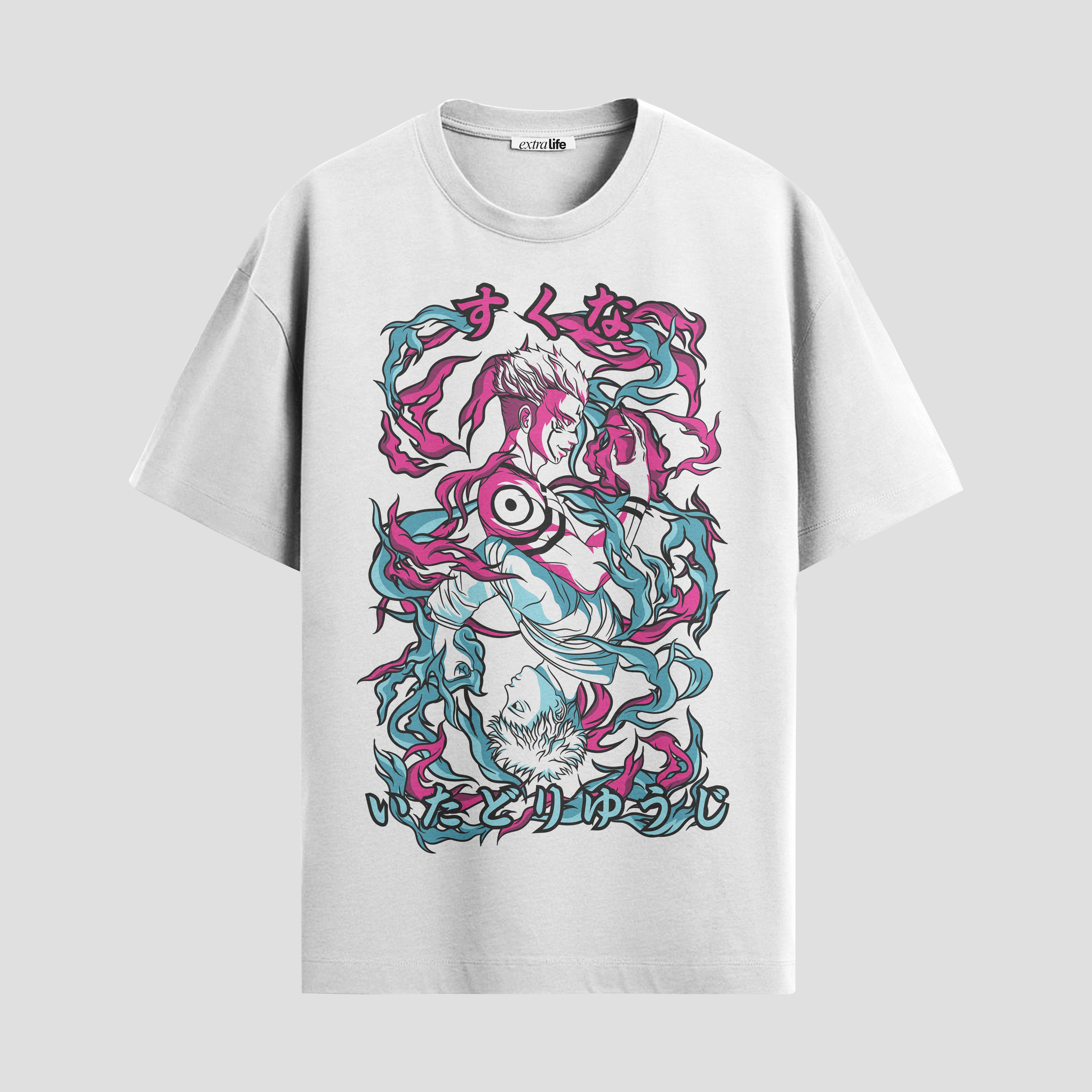 Playera urbana de anime y gaming ExtraLife MX, corte Standard Fit unisex ligero y transpirable en color Deep Black y Pure White, ropa de uso diario para gym y casual.